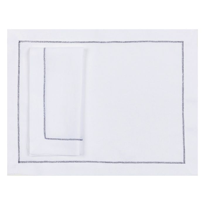 White hemstitched linen placemat navy blue trim