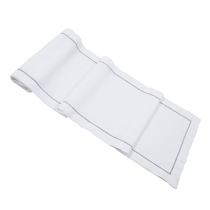 Huddleson White Linen Table Runner with Black Hemstitch