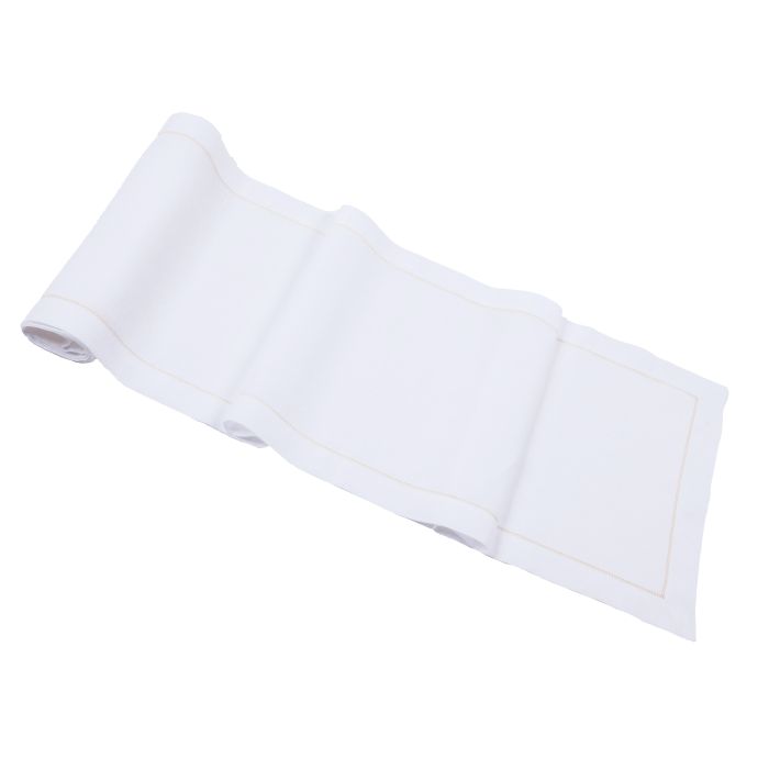 White linen table runner gold hemstitch trim 