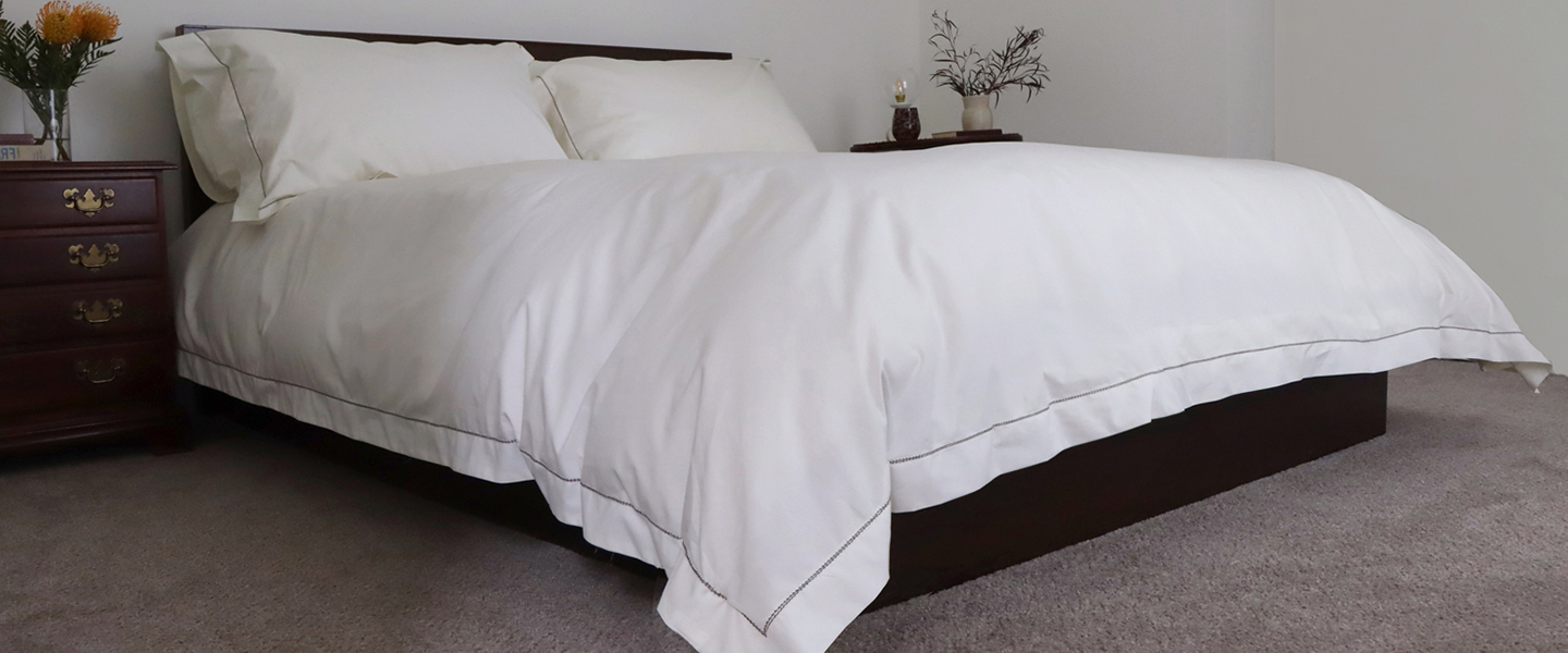 Ivory Cotton with Chocolate Brown Hemstitch Bedding