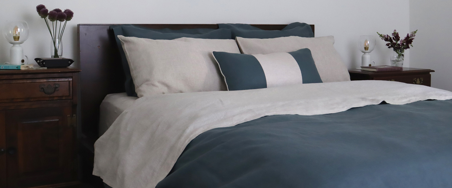 Petrol Teal Linen Duvet Cover & Natural Sheets