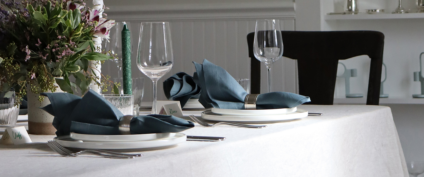Natural Linen Tablecloth & Petrol Green Napkins
