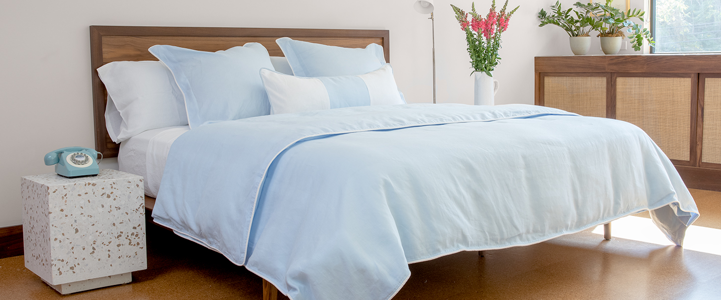 Light Blue Duvet Cover & Shams with White Piping