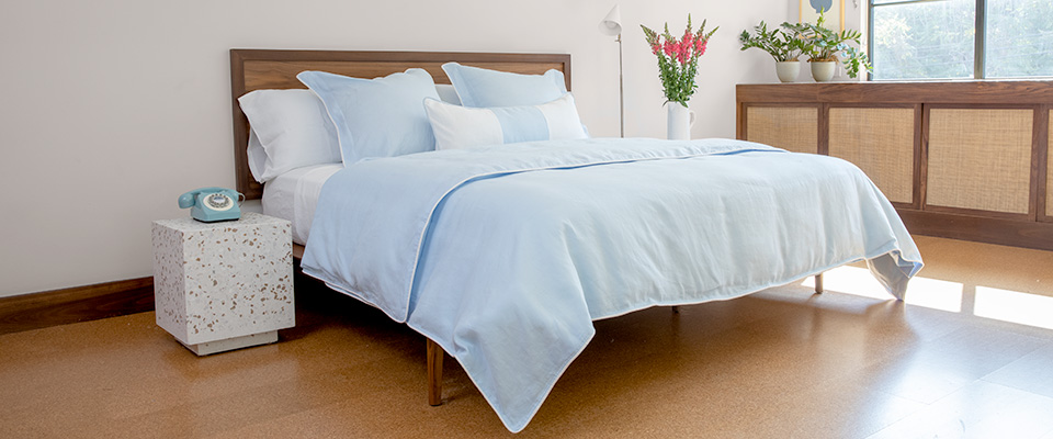 Light Blue Duvet Cover & Shams with White Piping