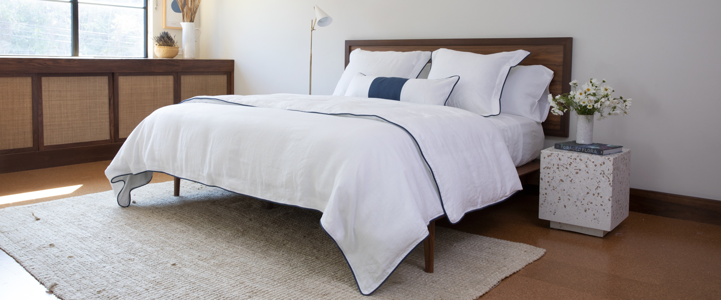 Navy and White Bedding Piped Edge White Linen Duvet Cover