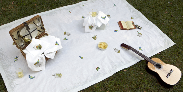 Lovebirds parrot pure Italian linen whimsical modern print tablecloth napkin unique Huddleson
