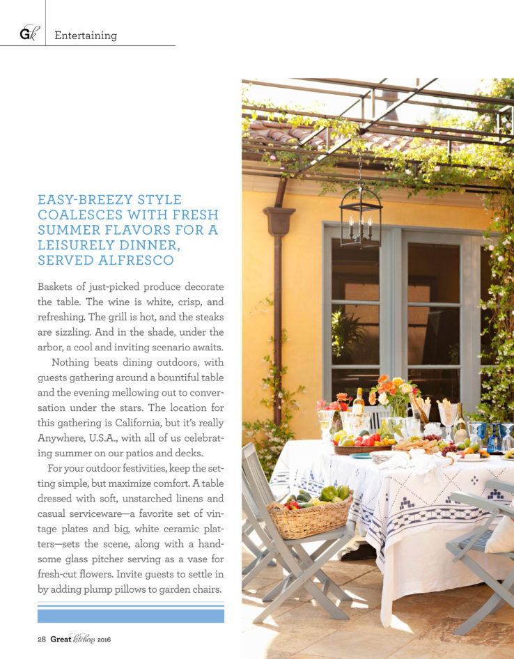 Outdoor entertaining blue and white tablecloth whicker basket farmer's market vegetables