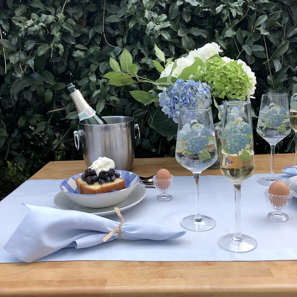 Chambray Sky Blue Baby Pastel Hydrangea Champagne Brunch Berries and Cream Shortcake Outdoor Entertaining Pastel Summer Springtime
