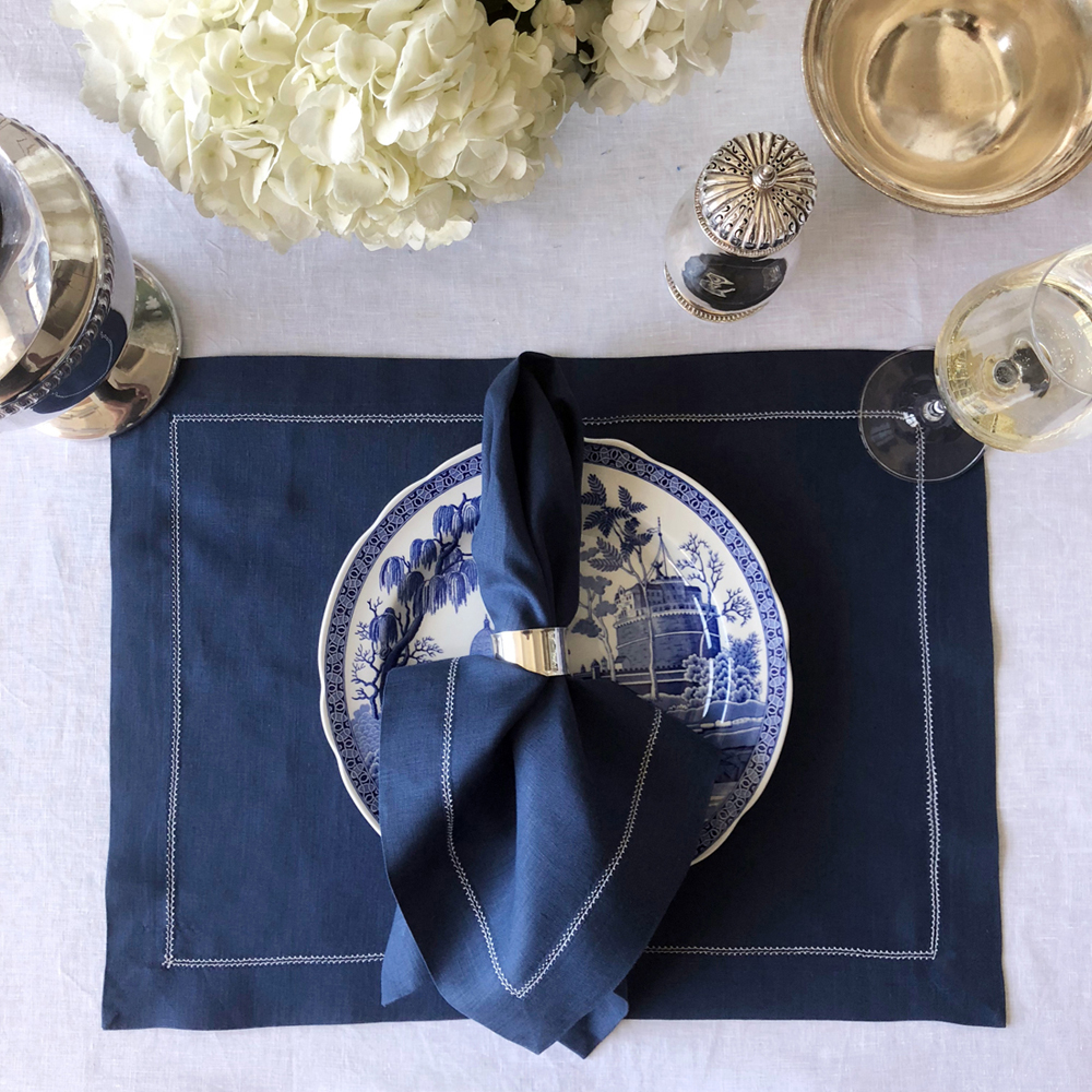 Italian Linens Navy Blue and White Hemstitch Crisp Formal Elegant Dining Dinner Party Entertaining Champagne Hydrangeas Spode China Silver Heirlooms 