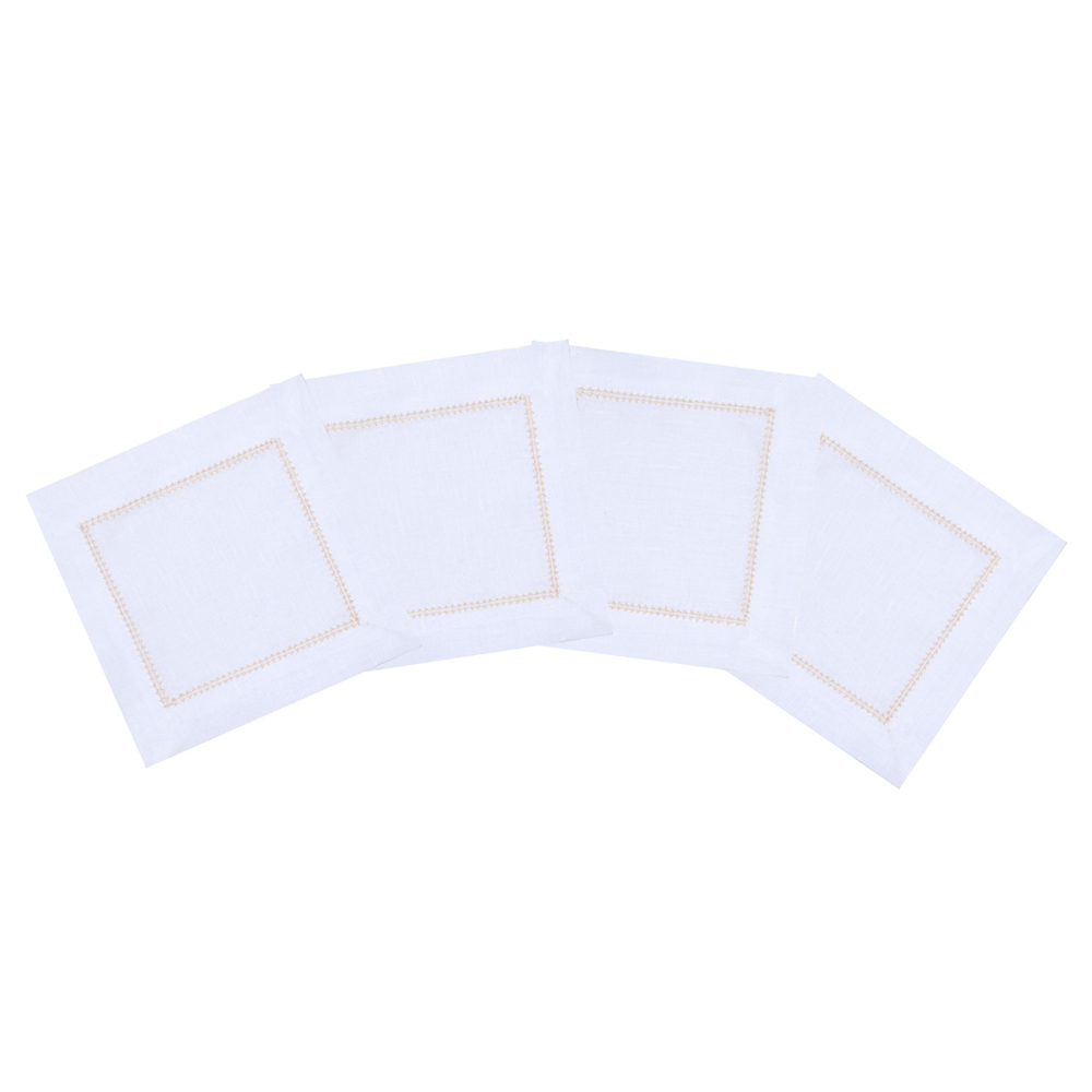 All White Decor Monochrome Barcart Linen Hemstitch Gold Italian Cocktail Napkin Party Hosting Vintage 