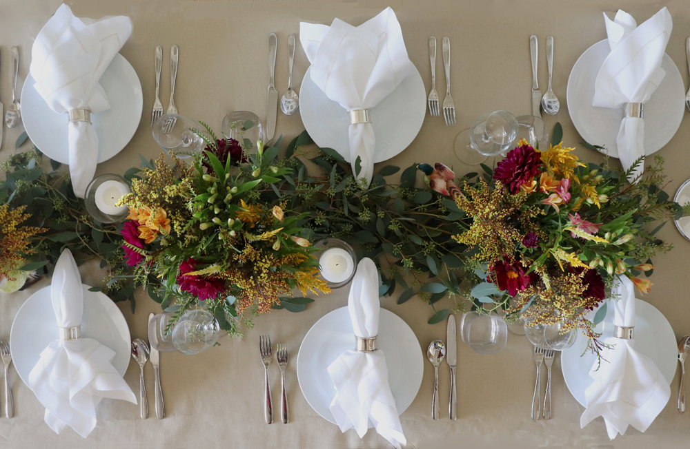 Thanksgiving 2019 Table Inspiration Camel Tablecloth White Hemstitched Linen Napkins