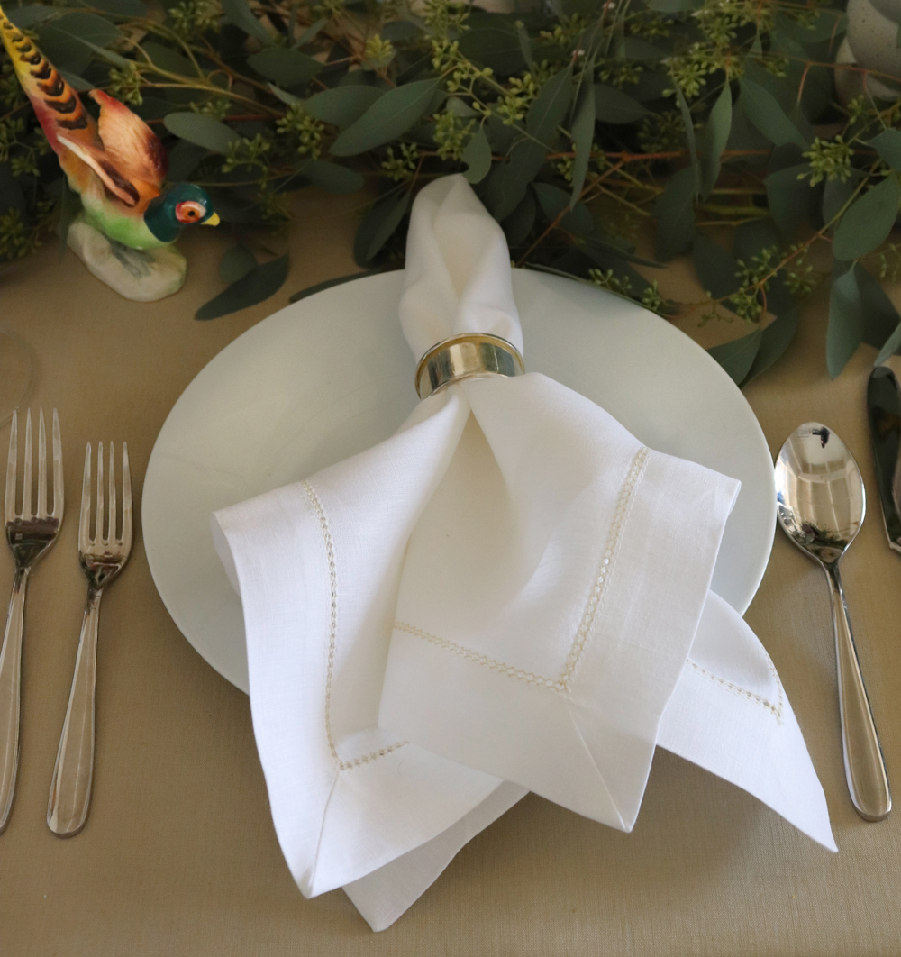 White Linen Napkin Gold Hemstitch 