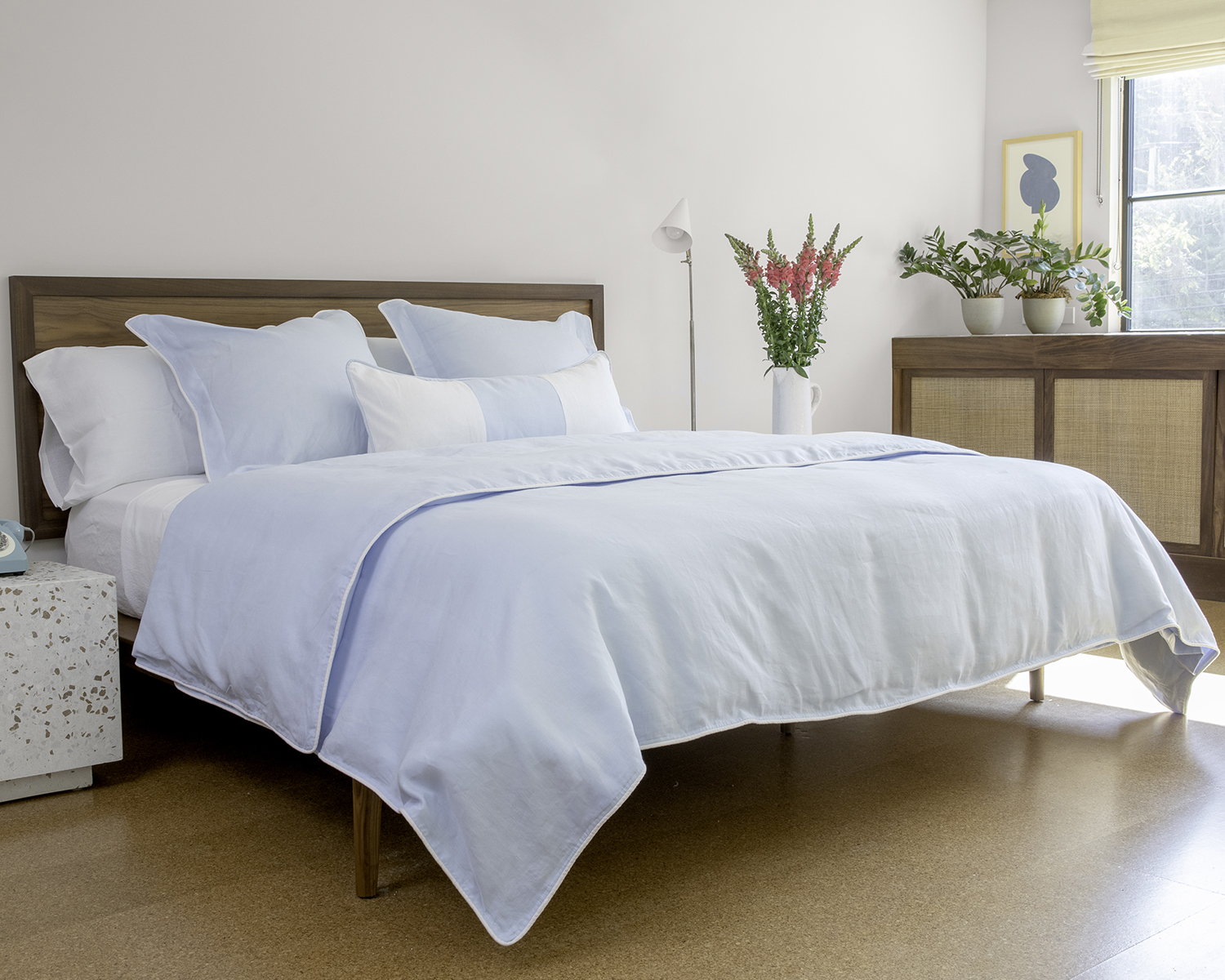 Sky blue linen duvet cover white trim piped edge