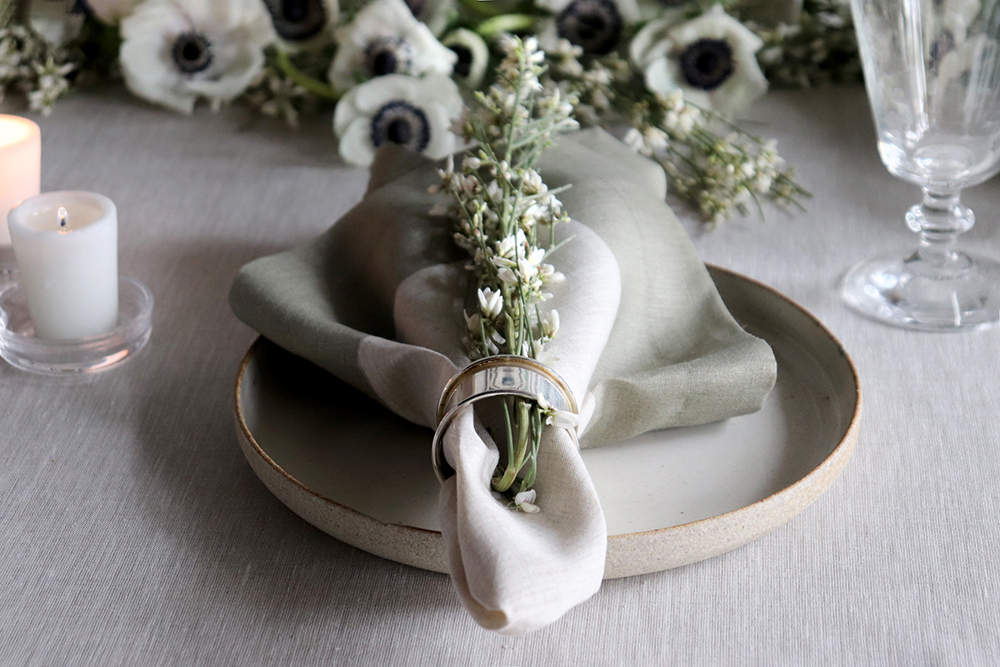 Natural Undyed Flax Linen Green Border Napkin and Linen Tablecloth