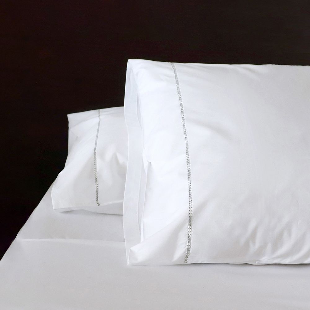 White cotton percale sheets green trim luxury European bed linens