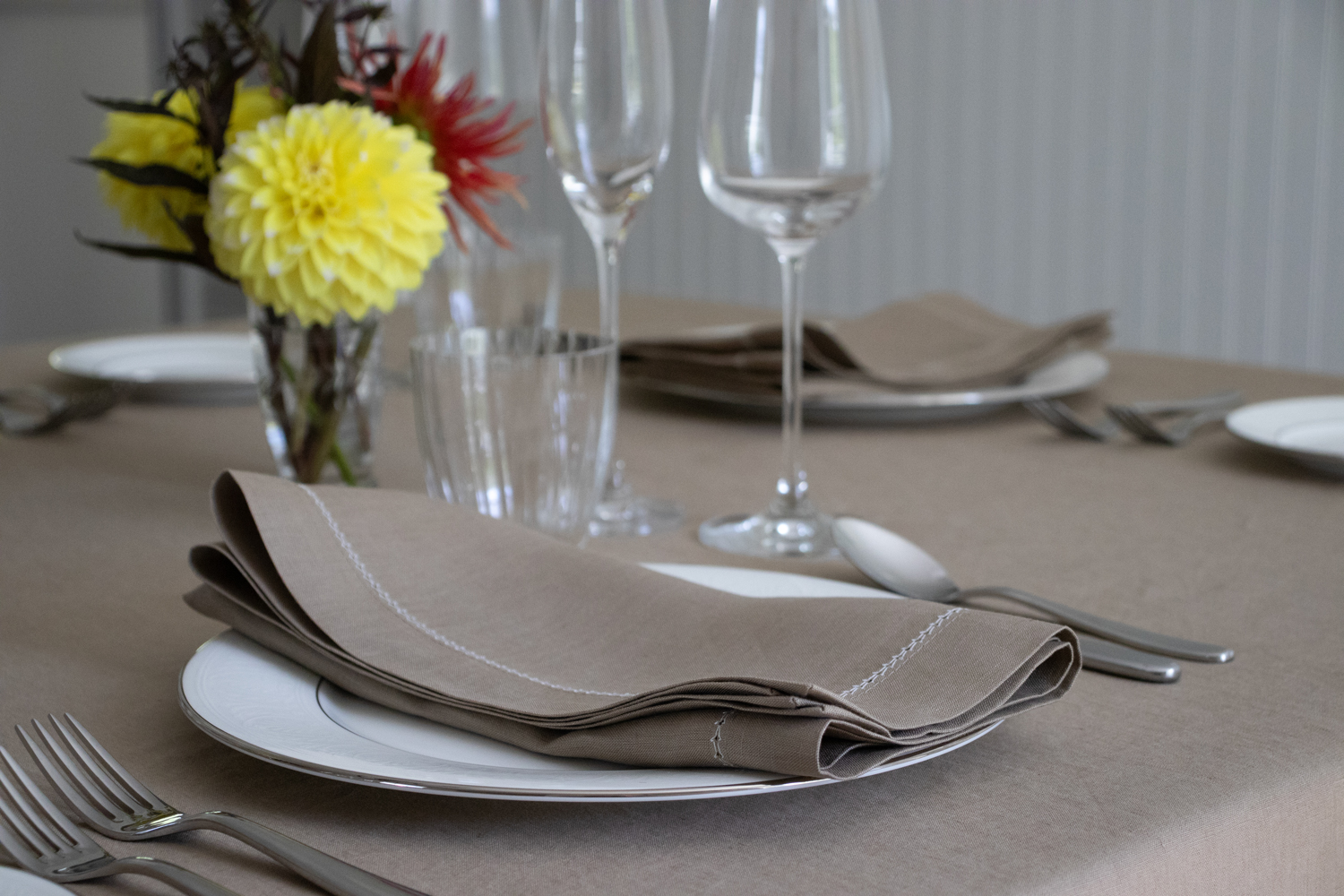 Fall table linens brown hemstitched linen napkin tablecloth 