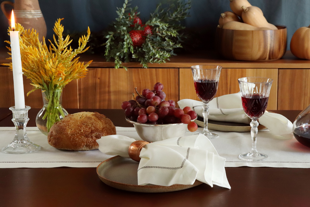 Ivory linen runner with brown trim hemstitch 