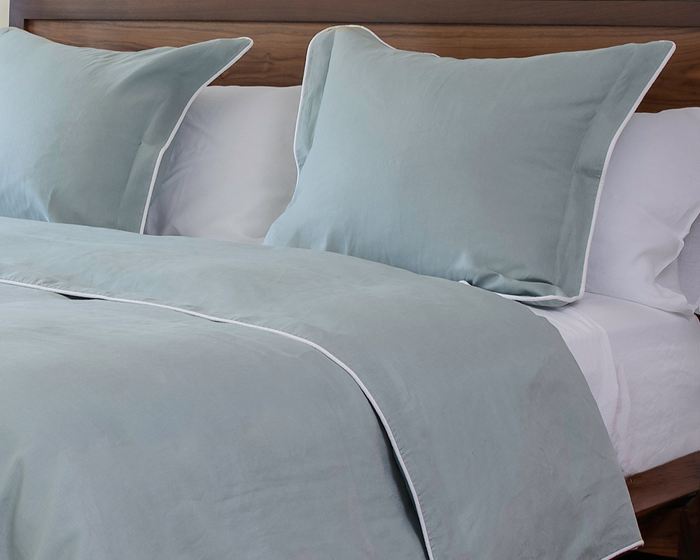 Spring Bed Linens White and aqua Celadon green