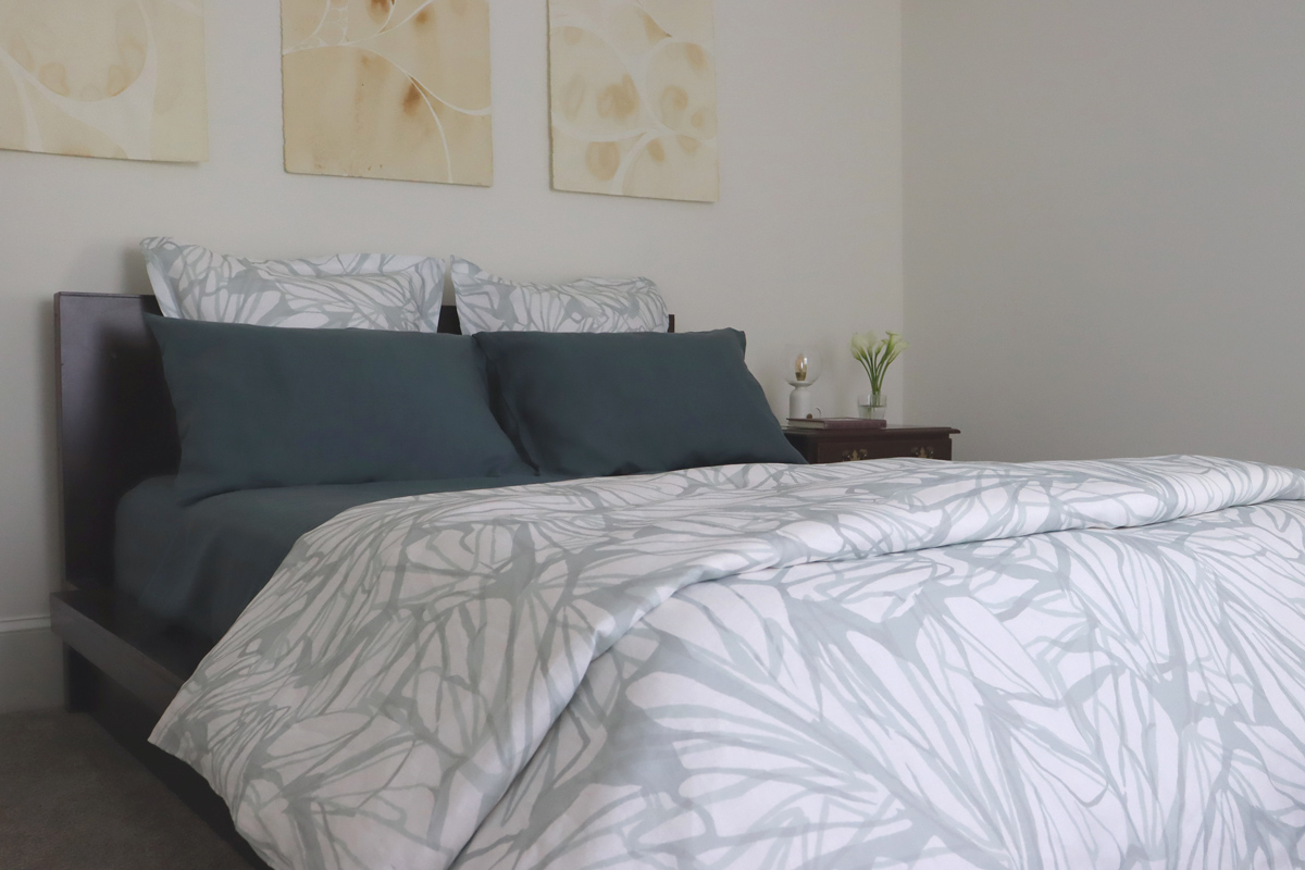 Aqua White Printed Linen Duvet Cover