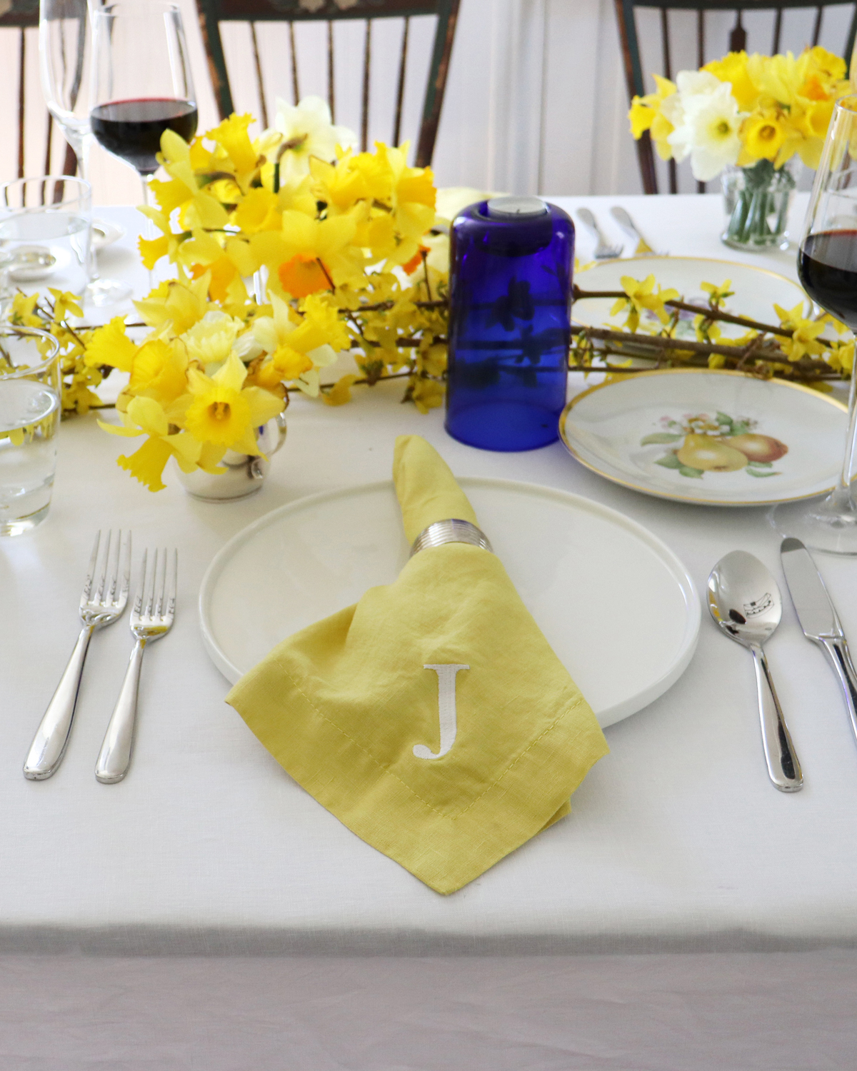 Lemon mustard yellow linen napkin sunny spring table setting