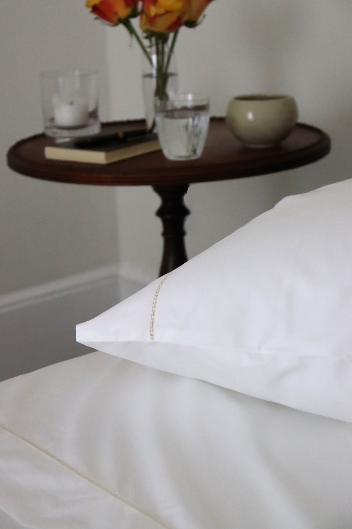White luxury cotton sheets gold trim hemstitch 
