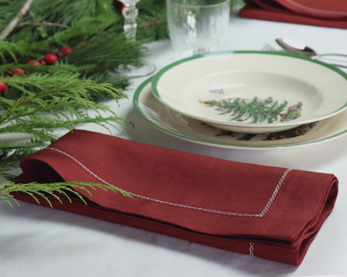 Burgundy red hemstitched linen napkin elegant Christmas table setting tablescape 