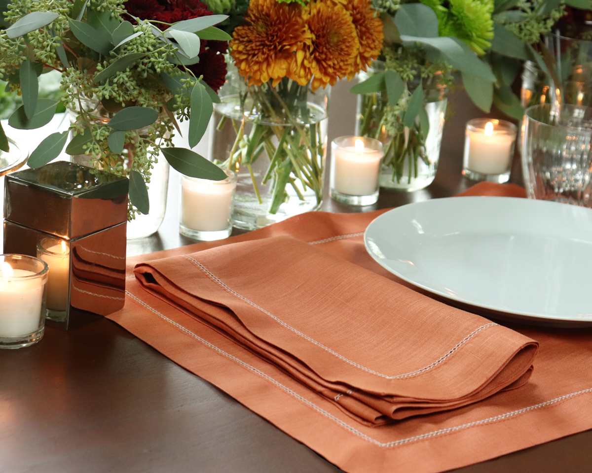 Sienna orange terracotta hemstitched linen napkin 