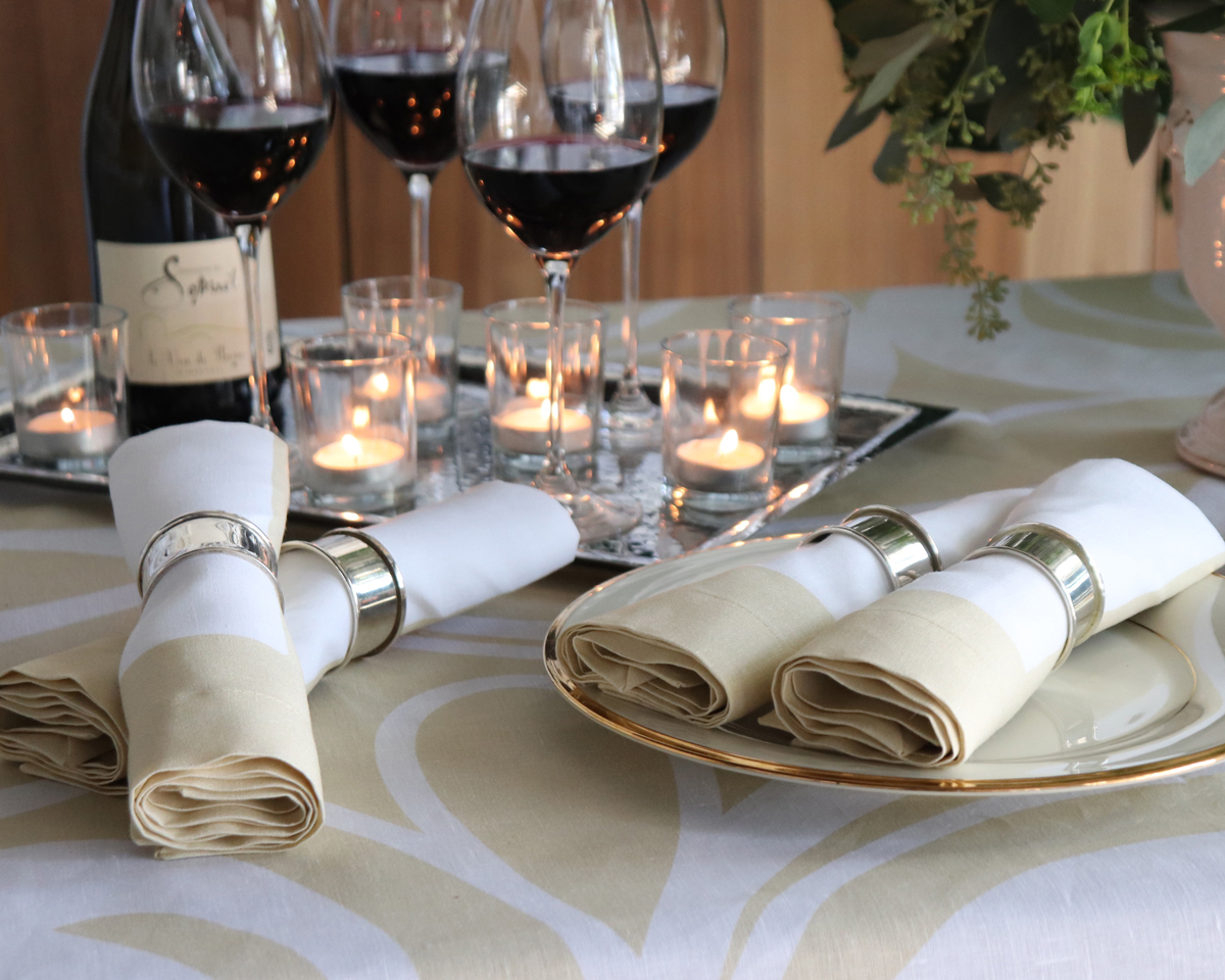 Gold and white tablecloth