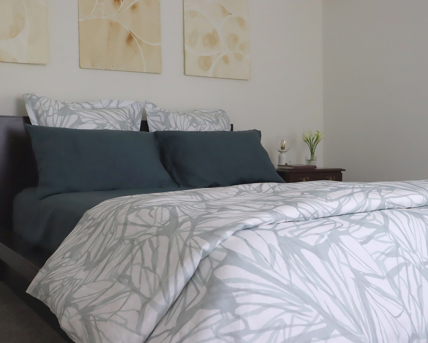 Printed luxury linen duvet cover aqua and white 