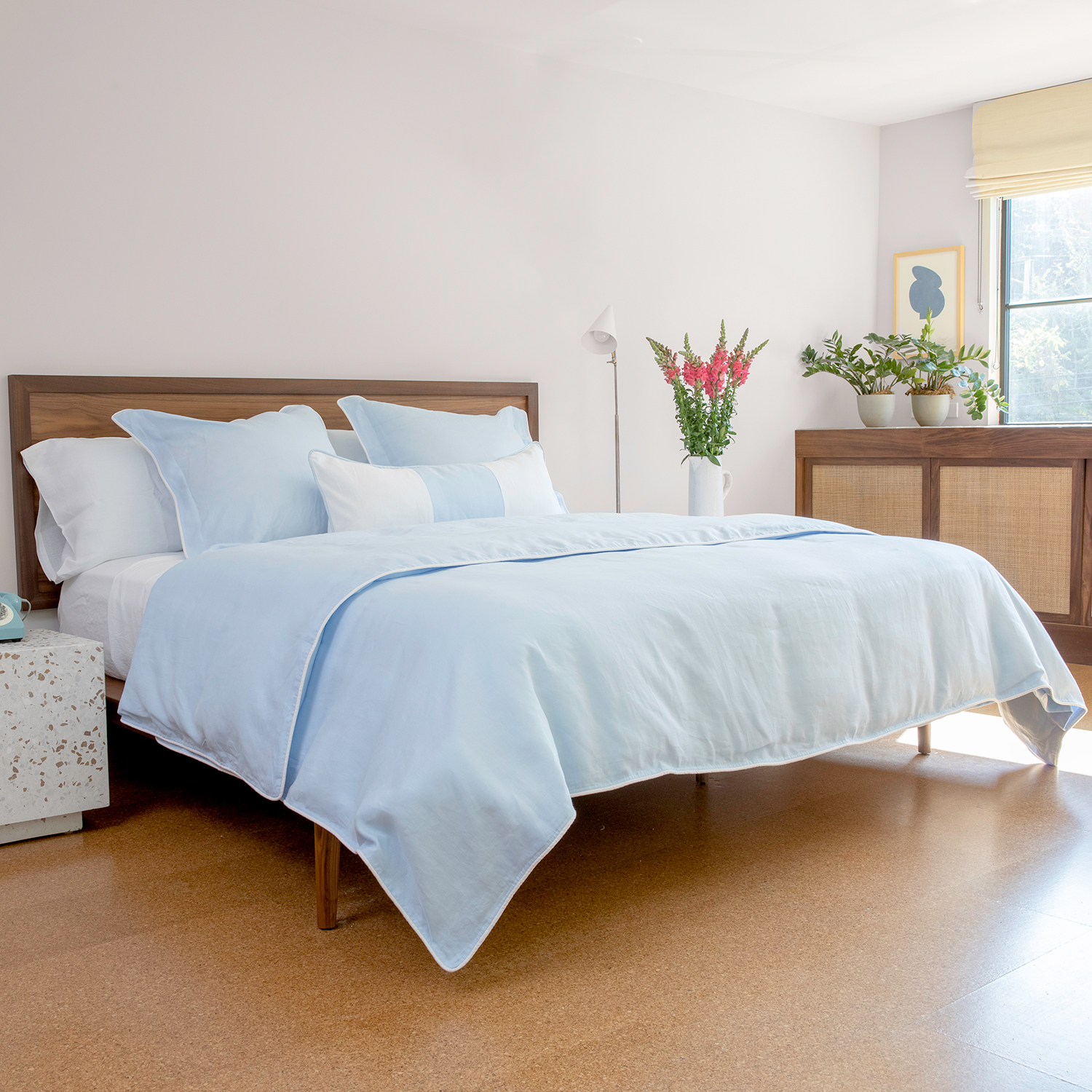 Sky light blue linen duvet cover white piping trim edge