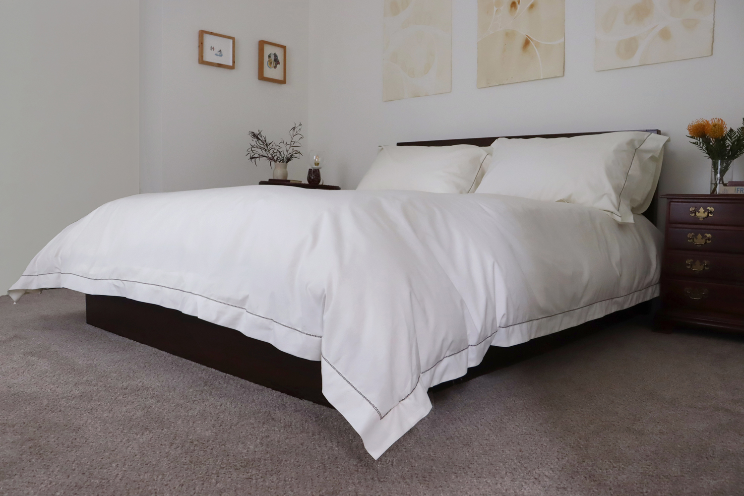 Best quality ivory cotton duvet cover sheets hemstitch brown trim