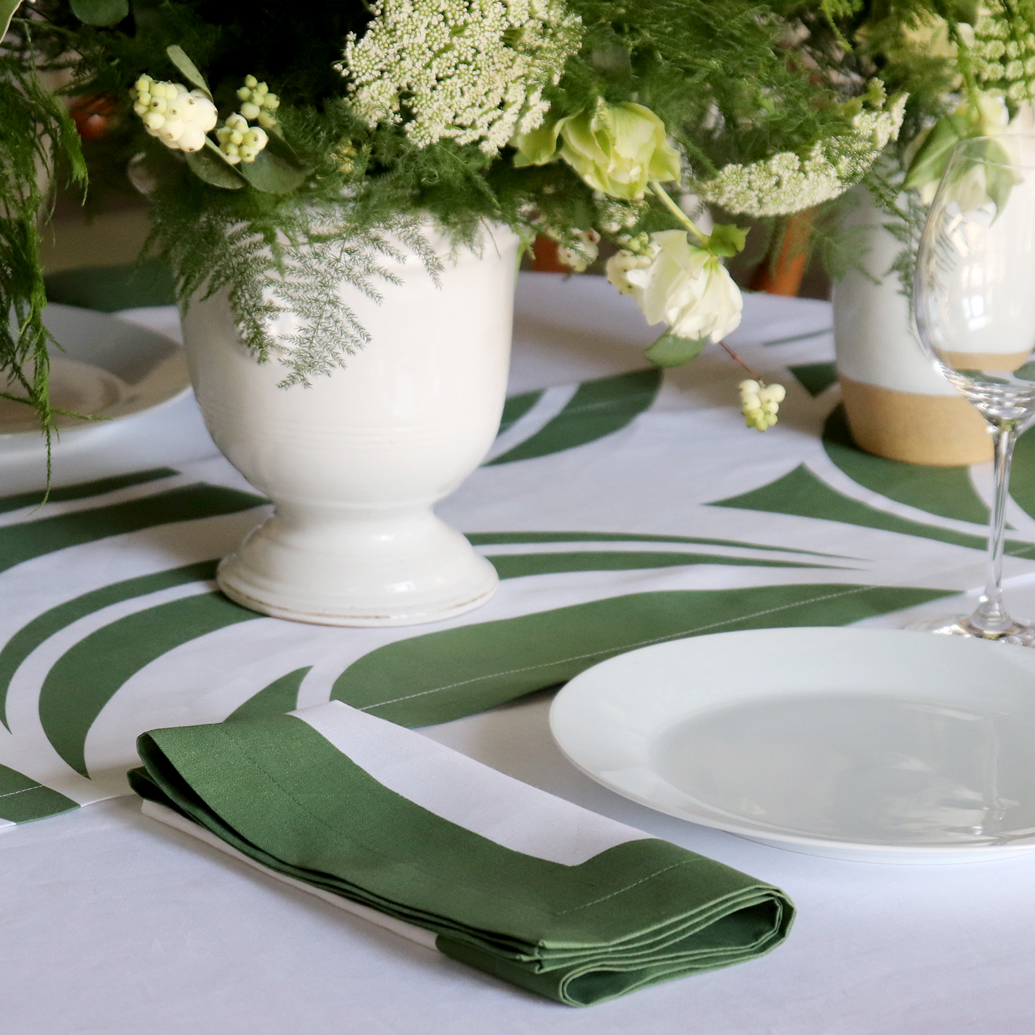 Green and white swirl linen table runner 