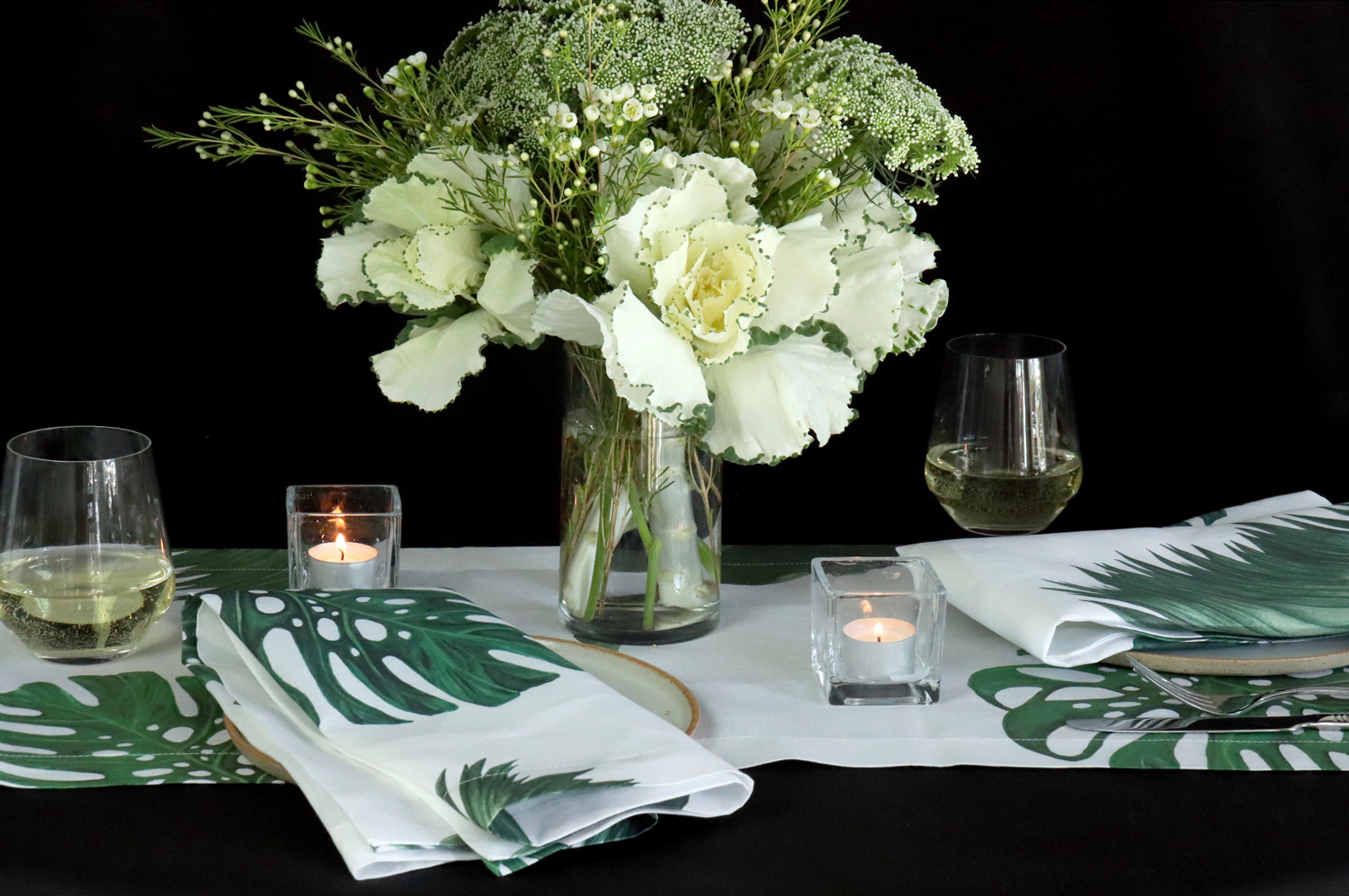 Palm print linen table runner