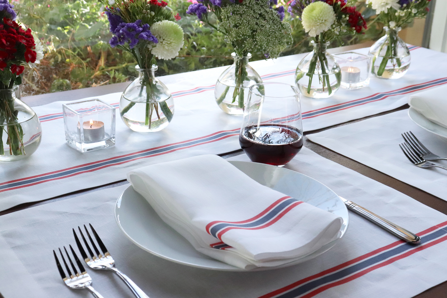 White linen placemat napkin runner ticking stripe red blue 
