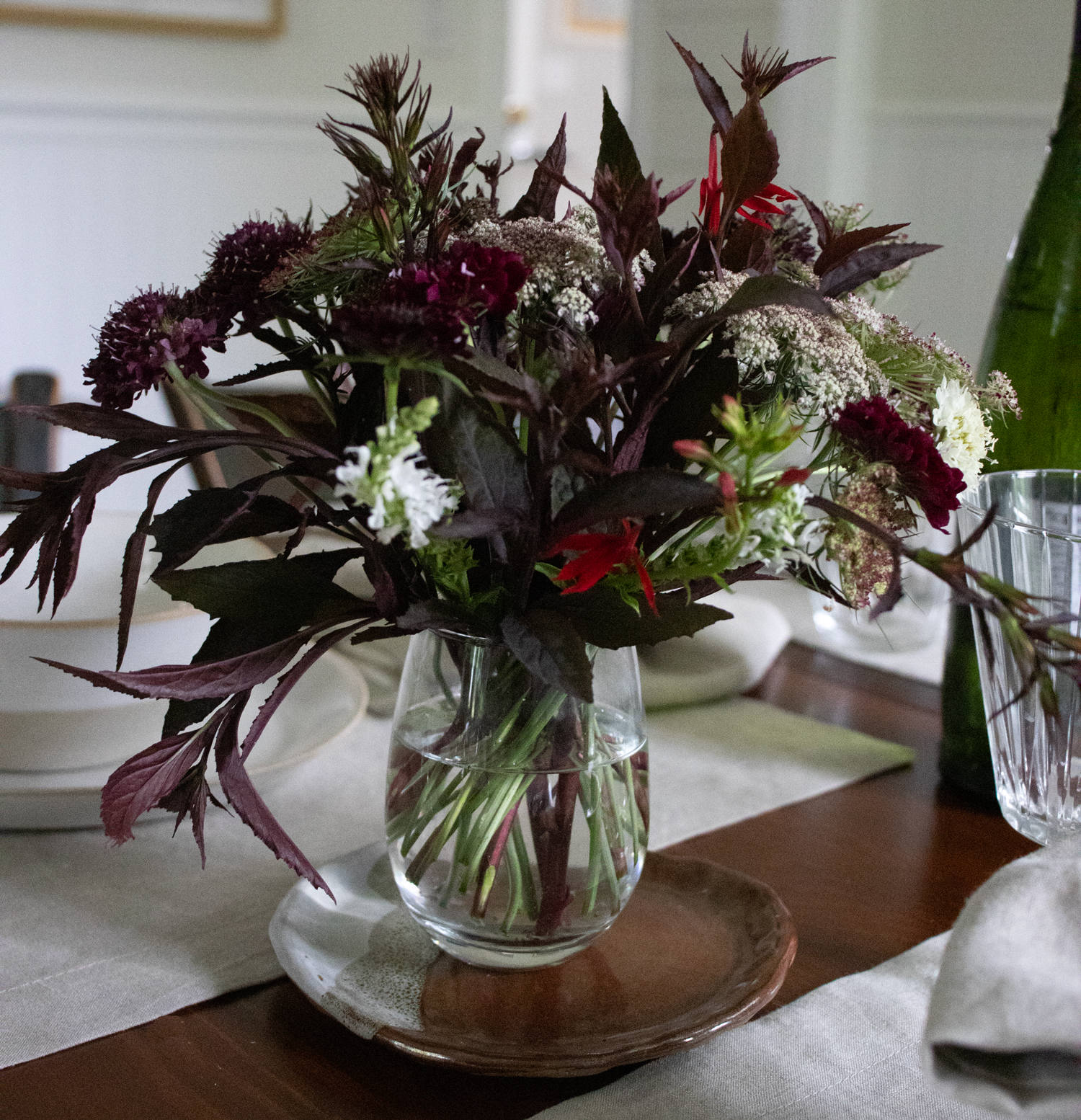 Burgundy easy dinner party floral centerpiece