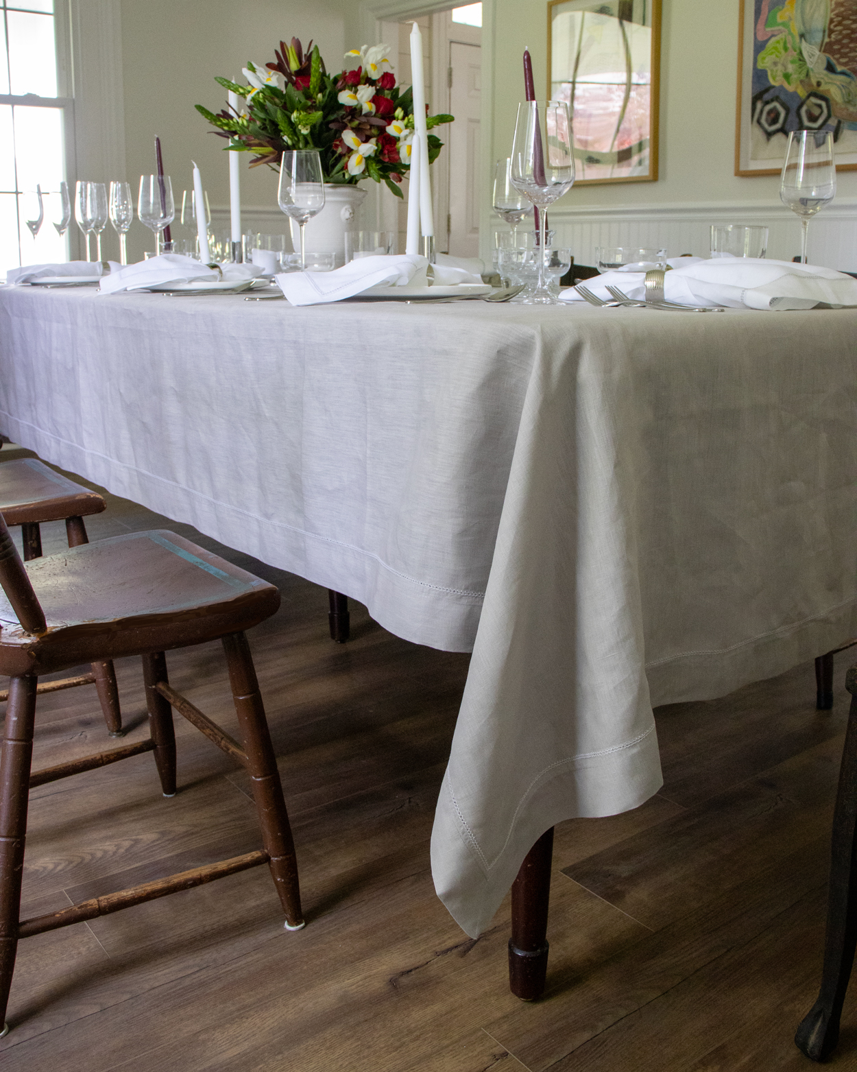 Hemstitched linen tablecloth silver grey