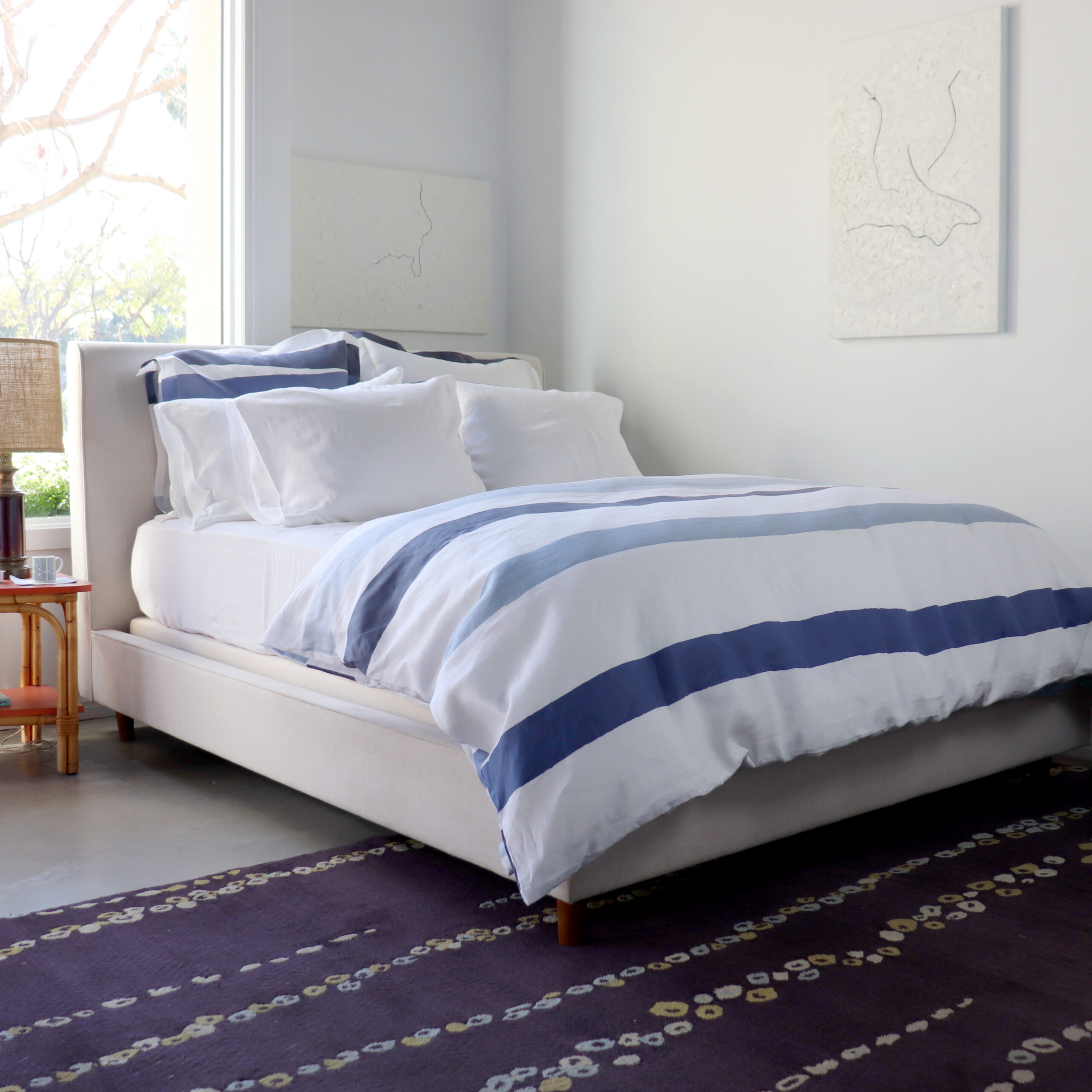 While and blue striped duvet cover linen 