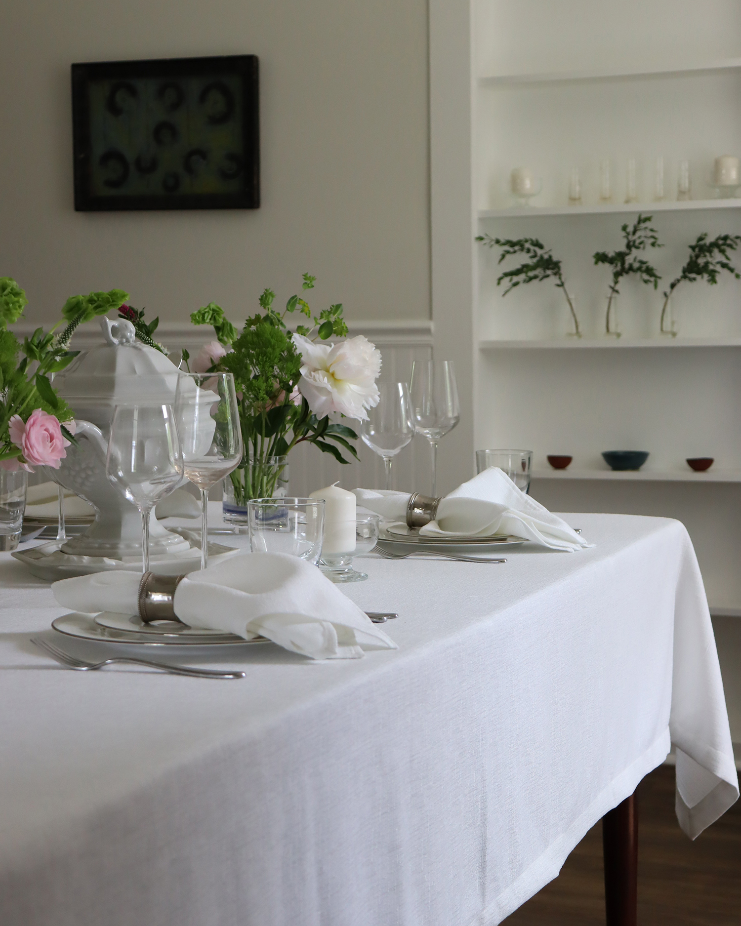 Antique white ivory faux linen tablecloth 