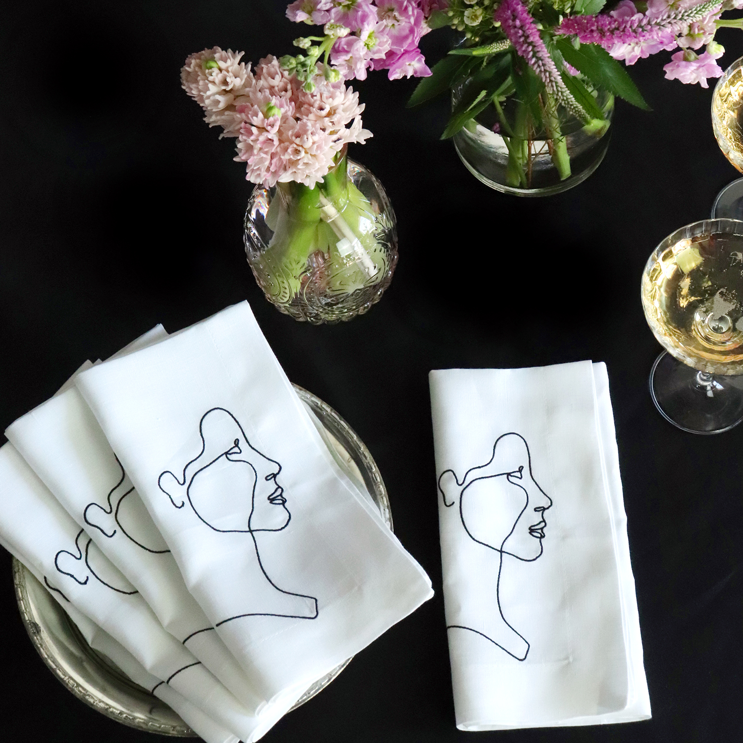 Portrait profile embroidered linen napkin 