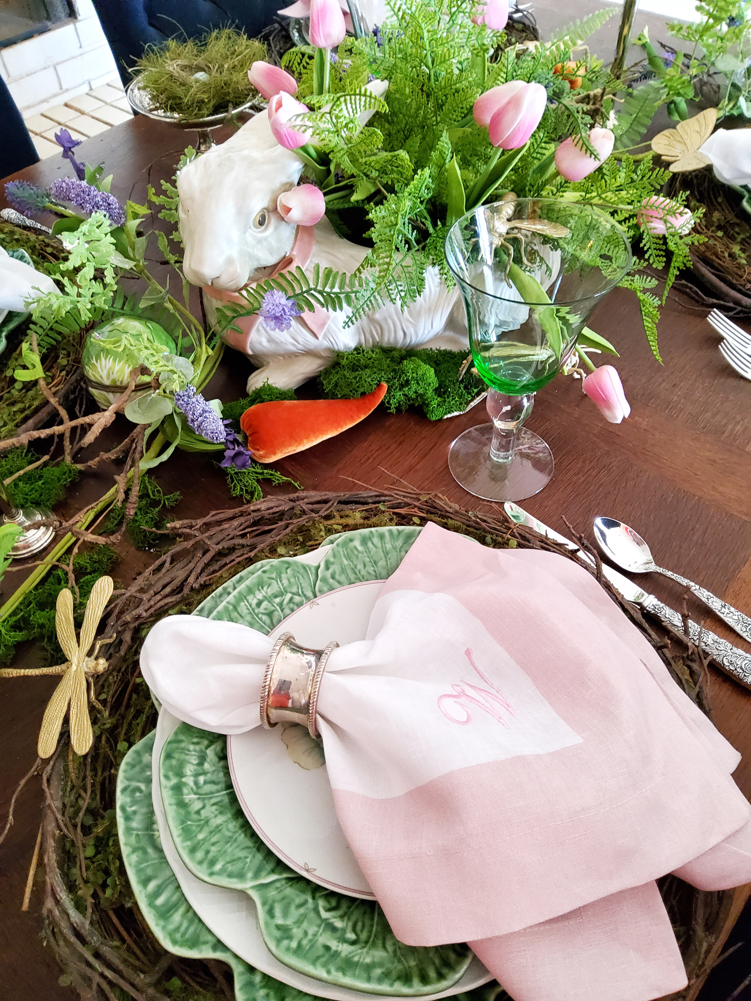 Monogrammed Napkin on Easter Table white and pink 