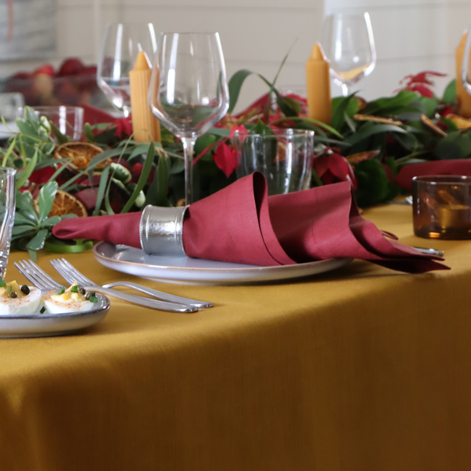 Gold and burgundy fall table Thanksgiving table linens