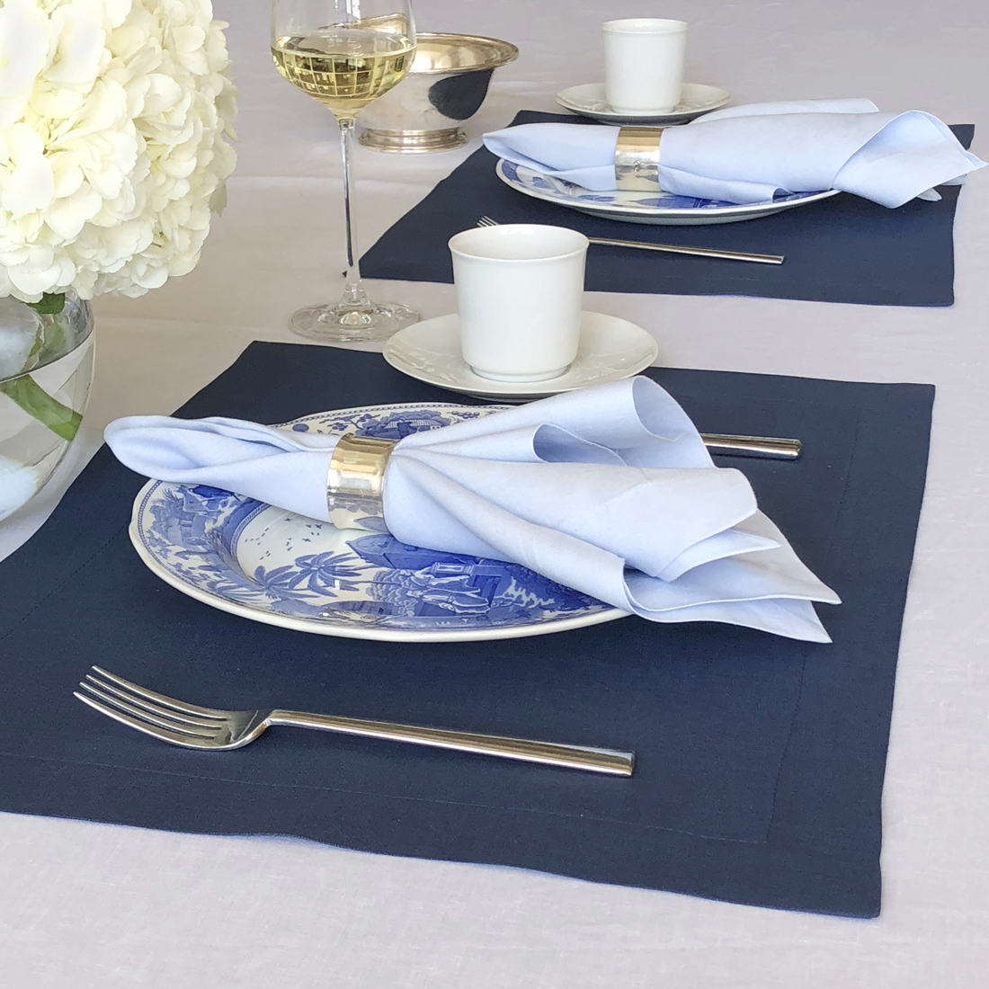 navy blue placemat light blue napkin table linens for Hanukkah 