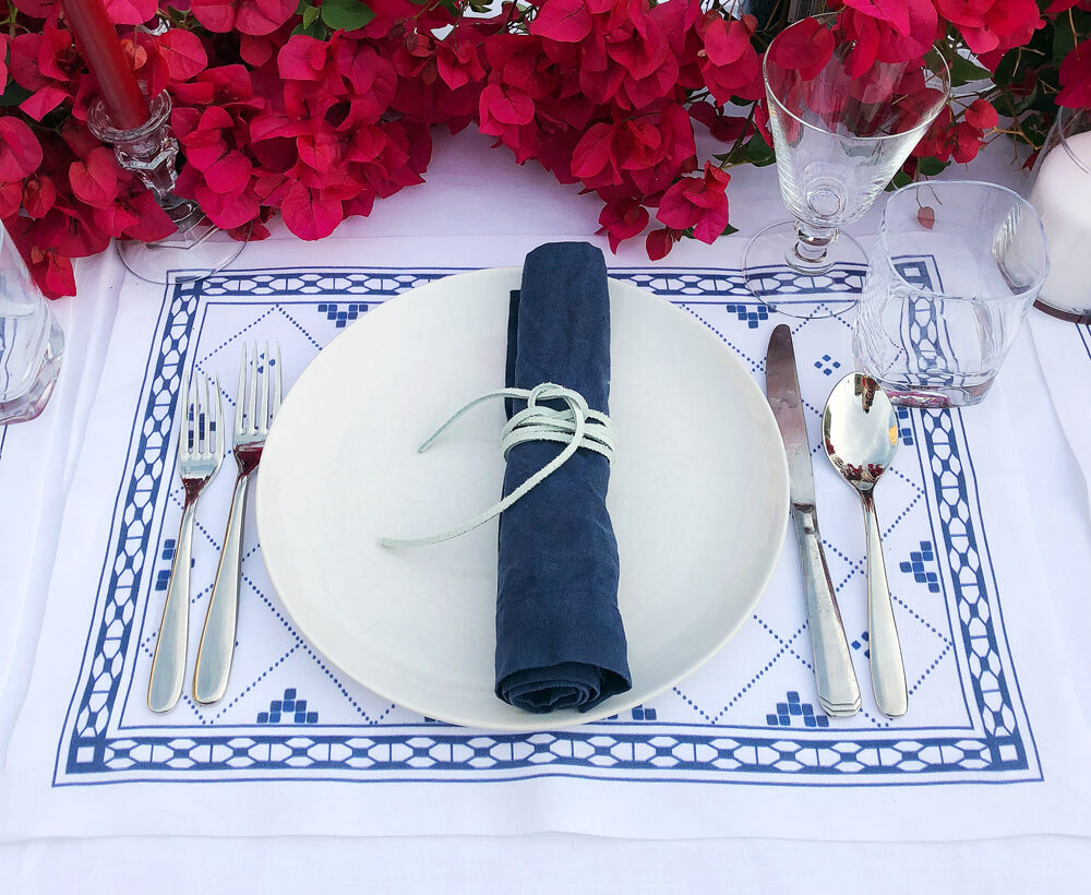 blue and white print table linens for hanukkah