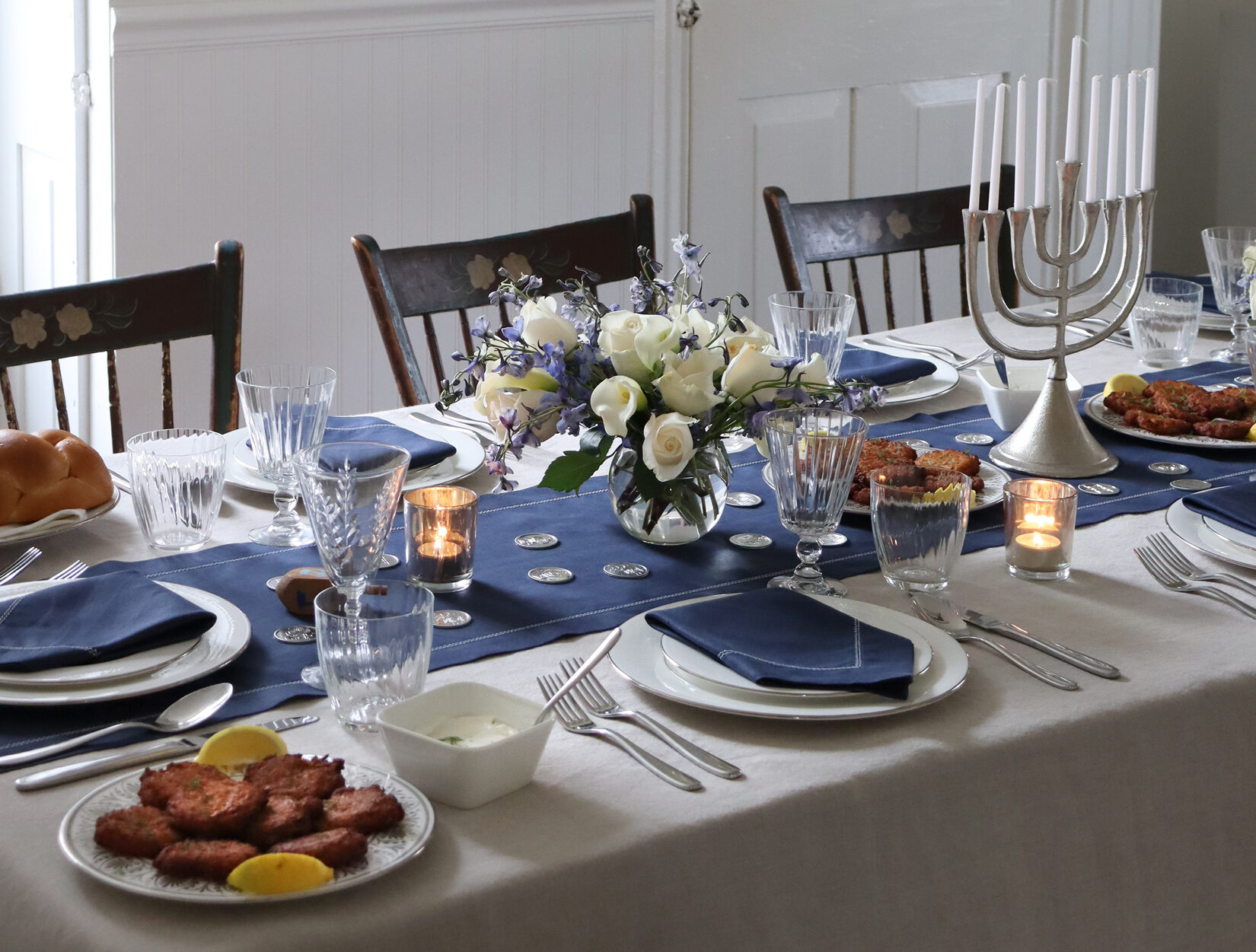 Silver-accented Table linens for Hanukkah Tablecloth for menorah celebrations and family meals Navy blue and white Hanukkah table linens