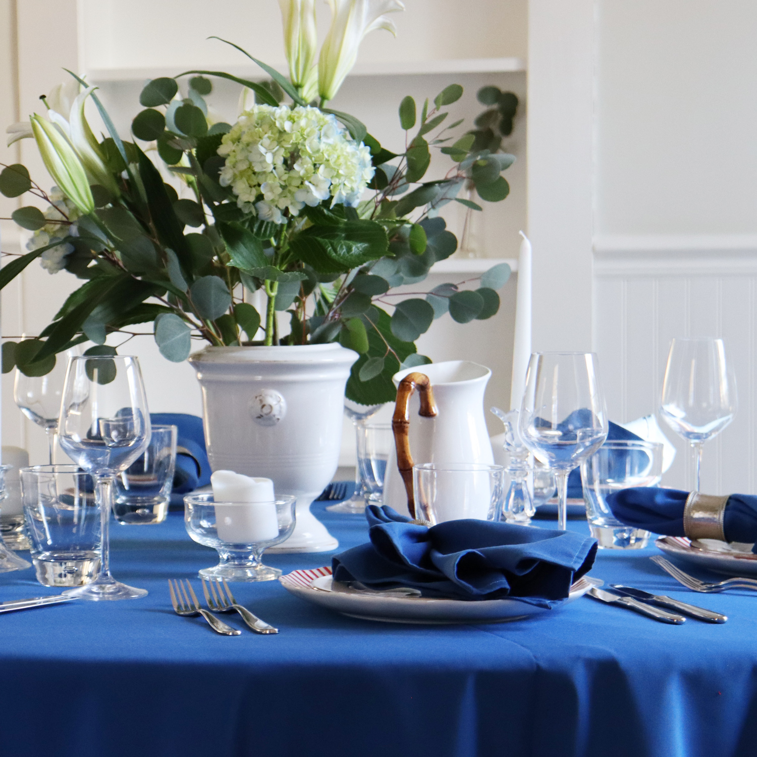 bright blue tablecloth for Hanukkah