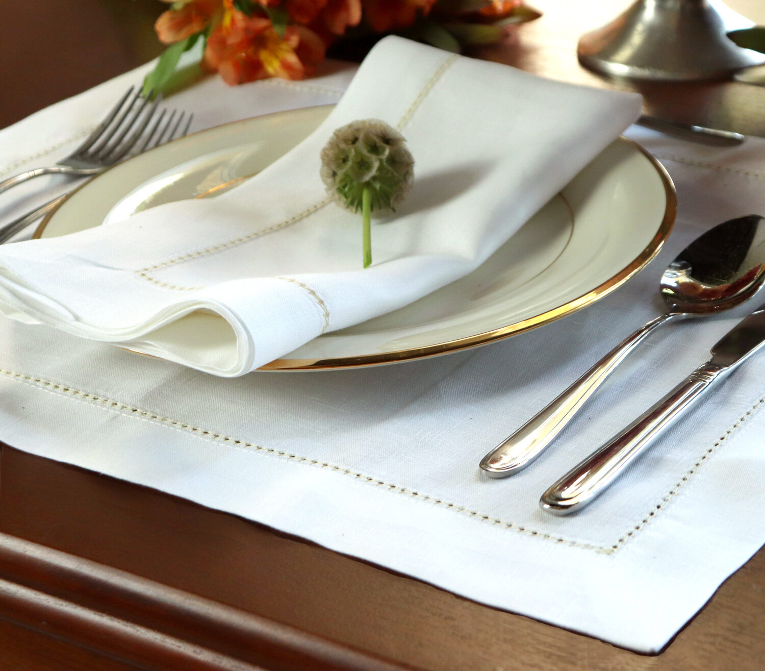 gold and white napkin and placemat for Hanukkah